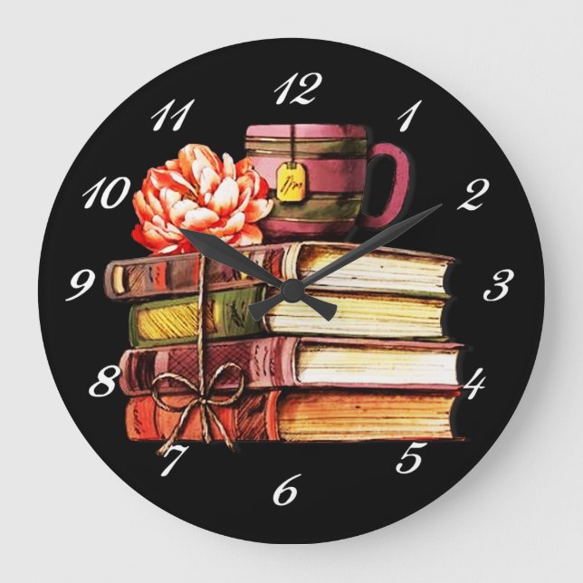 Books And Tea Black Large Clock (Front)