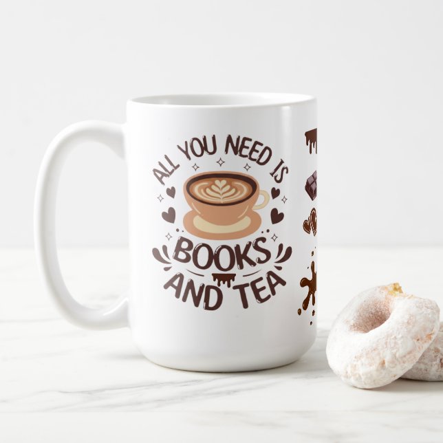 Books and Tea Cozy Reader Graphic Coffee Mug (With Donut)