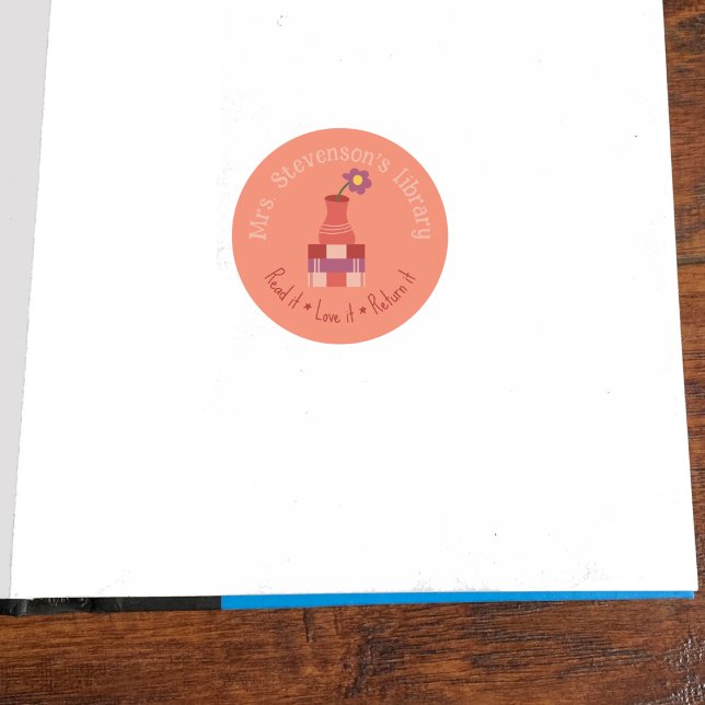 Books and Vase Peach Teacher Library Sticker (Classroom library round bookplate . )