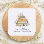 Books and Vintage Beige Blue Flowers Bookplate Square Sticker<br><div class="desc">Indulge your bookish heart with this charming bookplate featuring custom book quotes,  vintage Beige Blue Flowers,  and a whimsical stack of books. Suitable for bookworms who adore pretty flowers and romantic art,  this floral watercolor piece adds a delightful book aesthetic to your book library collection.</div>