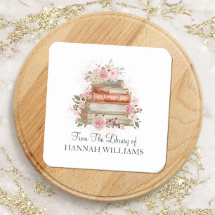 Books and Vintage Pink Roses Bookplate Square Sticker