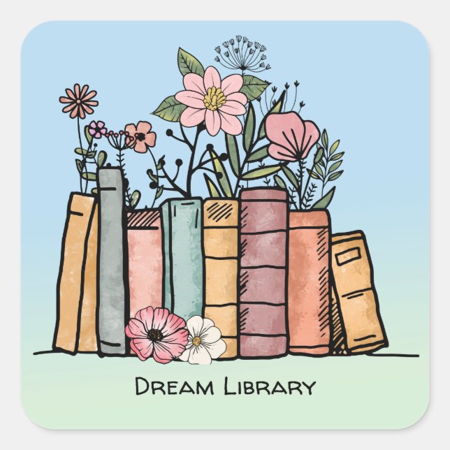 Books and wild flowers dream library personalise square sticker (Front)