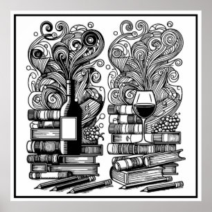 Books And Wine Colour Me Doodle Poster