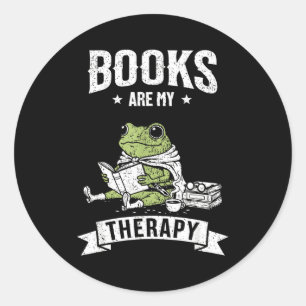 Books are therapy funny reading frog book lover classic round sticker