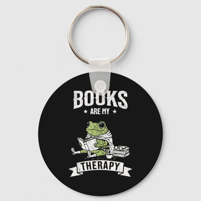 Books are therapy funny reading frog book lover key ring (Front)