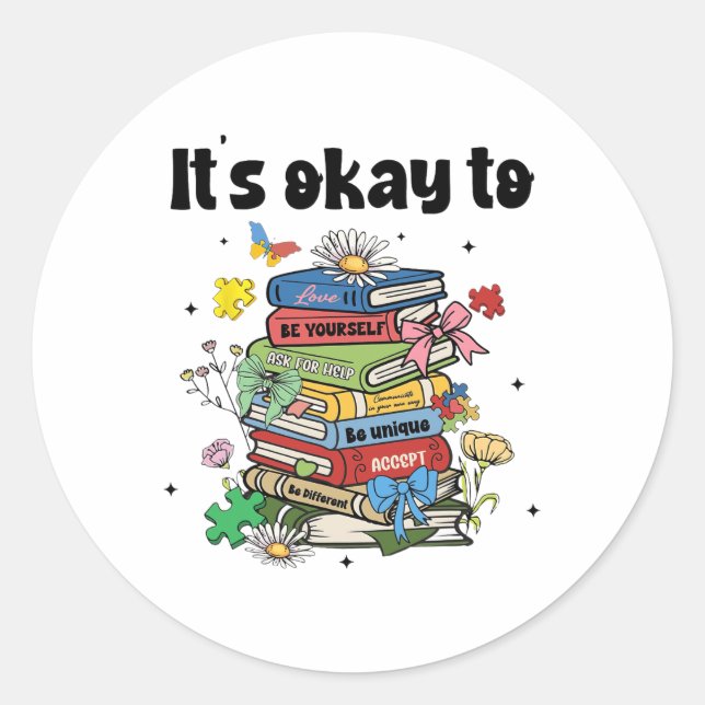 Books Autism Coquette Bow  Classic Round Sticker (Front)