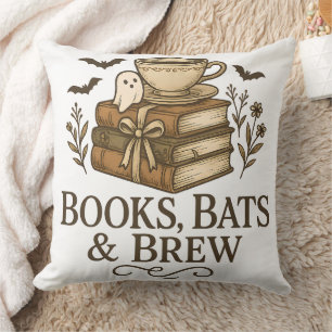 Books Bats & Brew Ghost Halloween Vintage Autumn Cushion