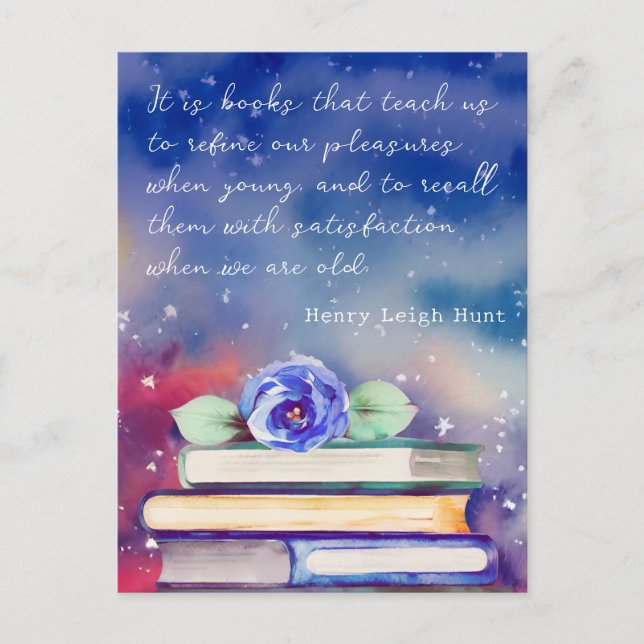 Books & Blue Flower Watercolor Script Custom Quote Postcard (Front)