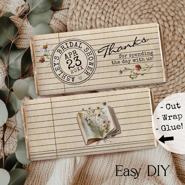 Books Bridal Shower Chocolate Bar Favour Wrapper (Vintage library card books theme watercolor floral bridal shower DIY chocolate bar favor wrapper)