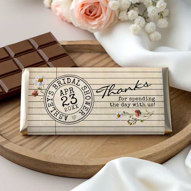 Books Bridal Shower DIY Chocolate Bar Wrapper (DIY vintage library card books theme watercolor floral bridal shower chocolate bar favor wrapper)