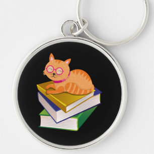 Books - Cat and Books Book Lover Gift Key Ring