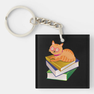 Books - Cat and Books Book Lover Gift Key Ring