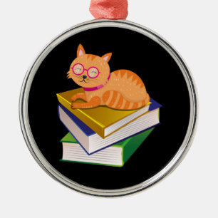 Books - Cat and Books Book Lover Gift Metal Ornament