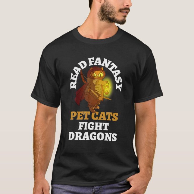 Books Cat Dragons Funny Bookish Bookworm Fantasy B T-Shirt (Front)