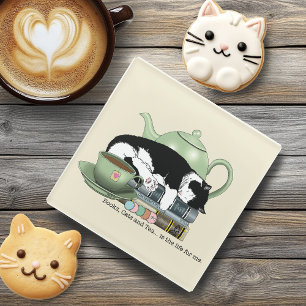 Books Cat Tea Cute Glass Coaster