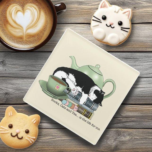 Books Cat Tea Cute Glass Coaster (Creator Uploaded)