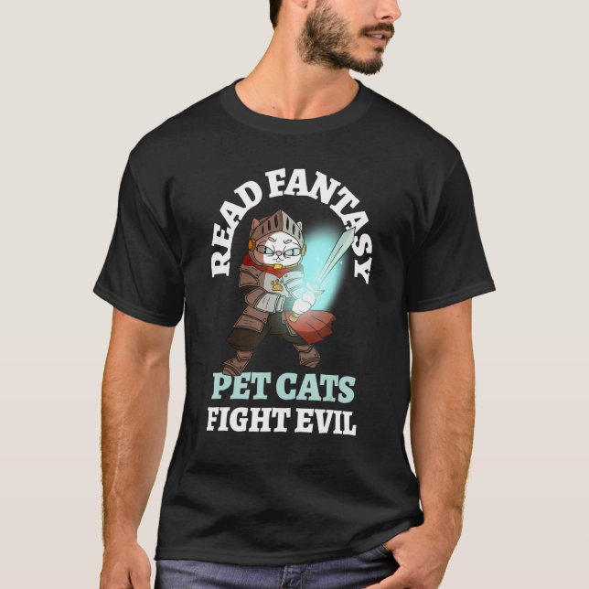 Books Cats Evil Funny Knight Bookish Fantasy Cat B T-Shirt (Front)