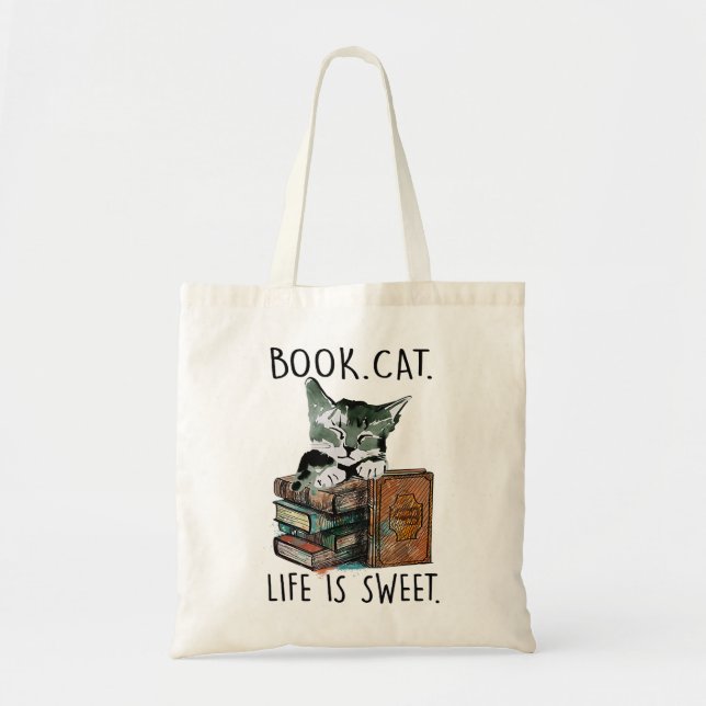 Books Cats Life Is Sweet Cat Book Lovers Reading B Tote Bag (Front)