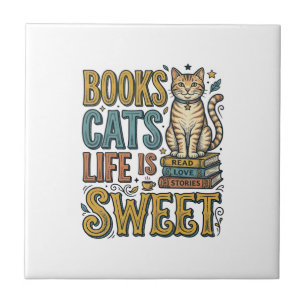 Books Cats Life Is Sweet Vintage Cat Reader Design Ceramic Tile