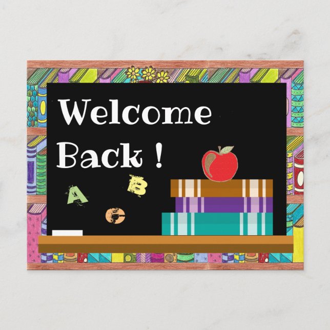 Books , chalkboard & apple back-to-school postcard (Front)