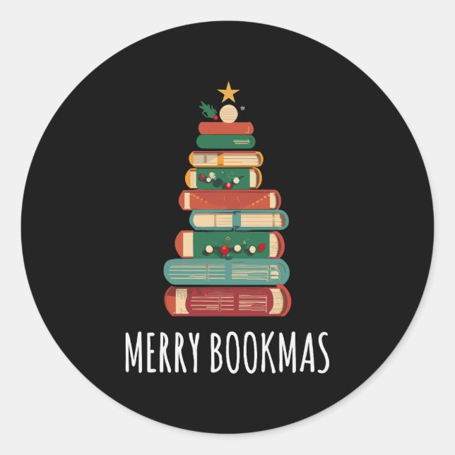 Books Christmas Tree Merry Bookmas Classic Round Sticker (Front)