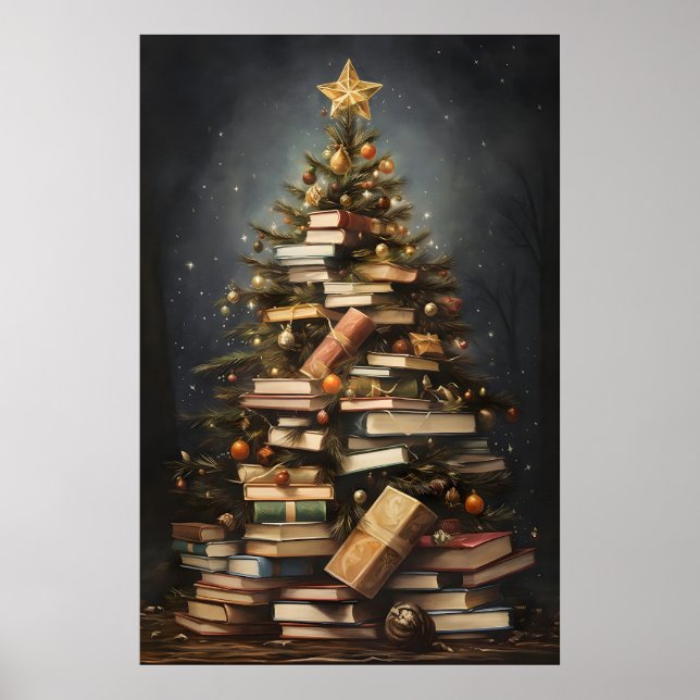 Books Christmas Tree Print, Winter Rustic Poster (Front)