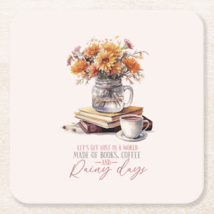 Books, Coffee and Rainy Days Square Paper Coaster