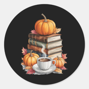Books Coffee Fall Leaves And Pumpkins Vintage Libr Classic Round Sticker