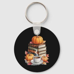 Books Coffee Fall Leaves And Pumpkins Vintage Libr Key Ring