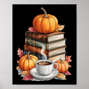 Books Coffee Fall Leaves And Pumpkins Vintage Libr Poster