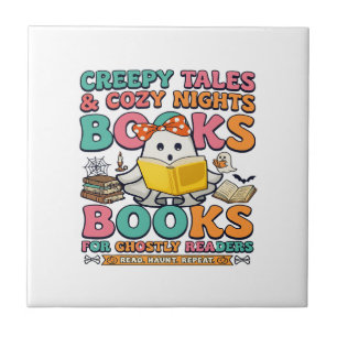 Books Creepy Tales Ghost Reading Spider Web Bats Ceramic Tile