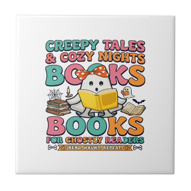 Books Creepy Tales Ghost Reading Spider Web Bats Ceramic Tile (Front)
