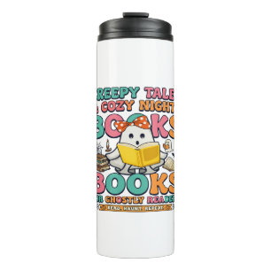 Books Creepy Tales Ghost Reading Spider Web Bats Thermal Tumbler