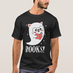 Books Cute Ghost Cat Reading Library Books Hallowe T-Shirt