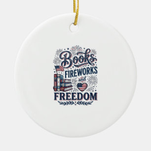 Books Fireworks and Freedom Patriotic Reader Shirt Ceramic Ornament