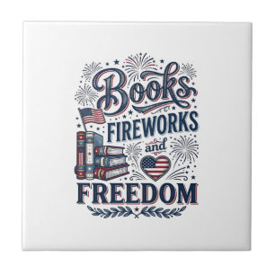 Books Fireworks and Freedom Patriotic Reader Shirt Ceramic Tile