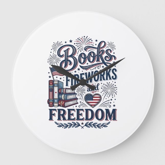 Books Fireworks and Freedom Patriotic Reader Shirt Large Clock (Front)