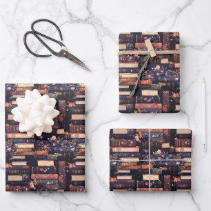Books & Flowers on Black Wrapping Paper Sheet