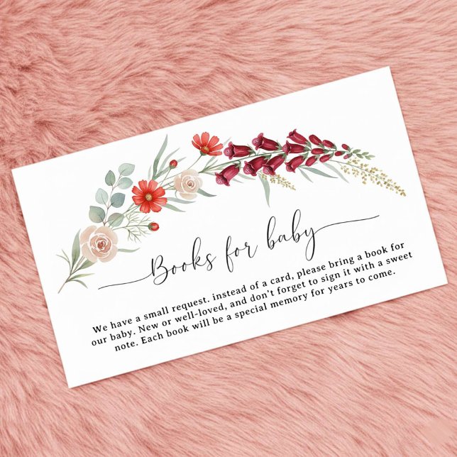 Books for Baby Boho red floral Baby Shower custom Enclosure Card (Creator Uploaded)