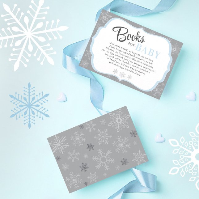 Books for Baby Boy Blue & Grey Snowflake Winter Enclosure Card (Books for Baby boy poem enclosure / insert card, blue gray, Baby It's Cold Outside, Snowflake Invite)