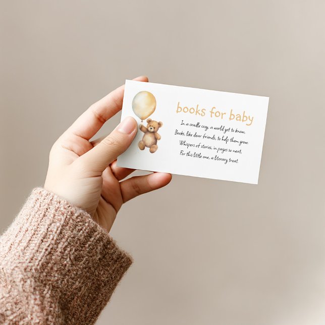 Books for baby cute teddy request enclosure card (Teddy bear with gold balloon and “books for baby” poem on white card.)