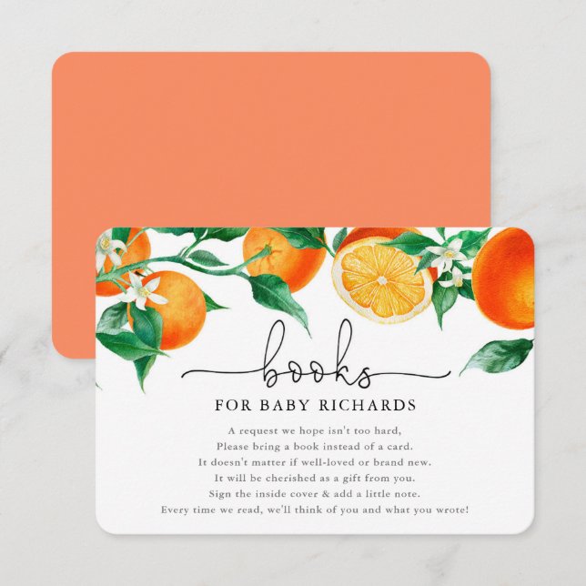 Books for Baby cutie orange citrus baby shower Enclosure Card (Front/Back)