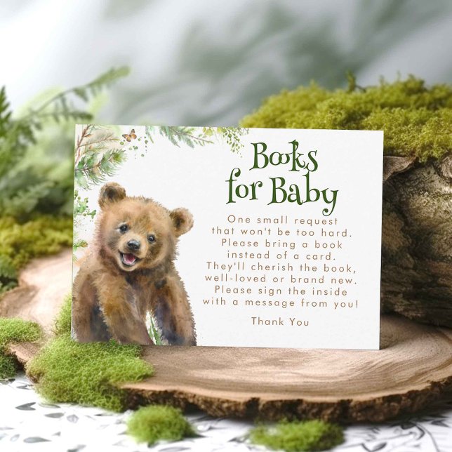 Books for Baby Little Bear and Woodland Enclosure Card (Woodland Bear Books For Baby Baby Shower Request Card)