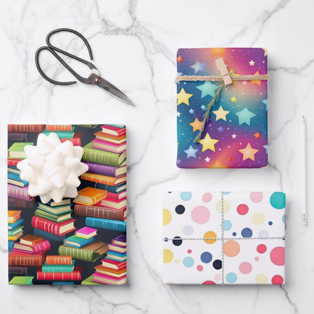 Books Galaxy Stars Colourful Polka Dot School Them Wrapping Paper Sheet (Front)