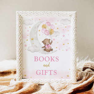 Books & Gifts Moon Teddy Bear Pink Gold Balloons Poster