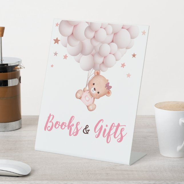 Books Gifts Sign Bear Pink Girl Baby Shower (In SItu)