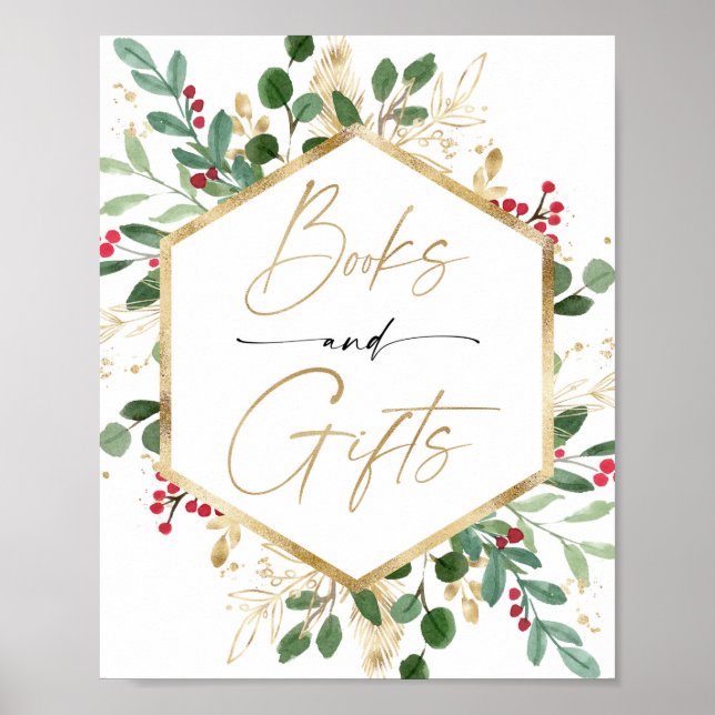 Books gifts sign Christmas red gold baby shower (Front)
