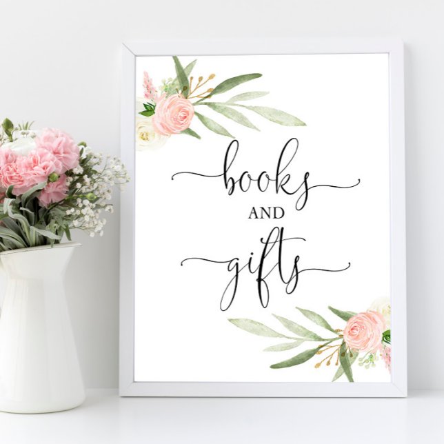 Books gifts sign pink greenery gold baby shower (Creator Uploaded)