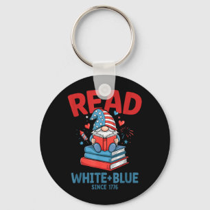 Books Gnome USA Fireworks Read White Blue Key Ring