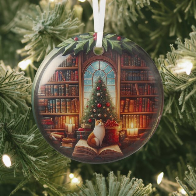 Books lover ornament, personalise Christmas  Glass Tree Decoration (Insitu)